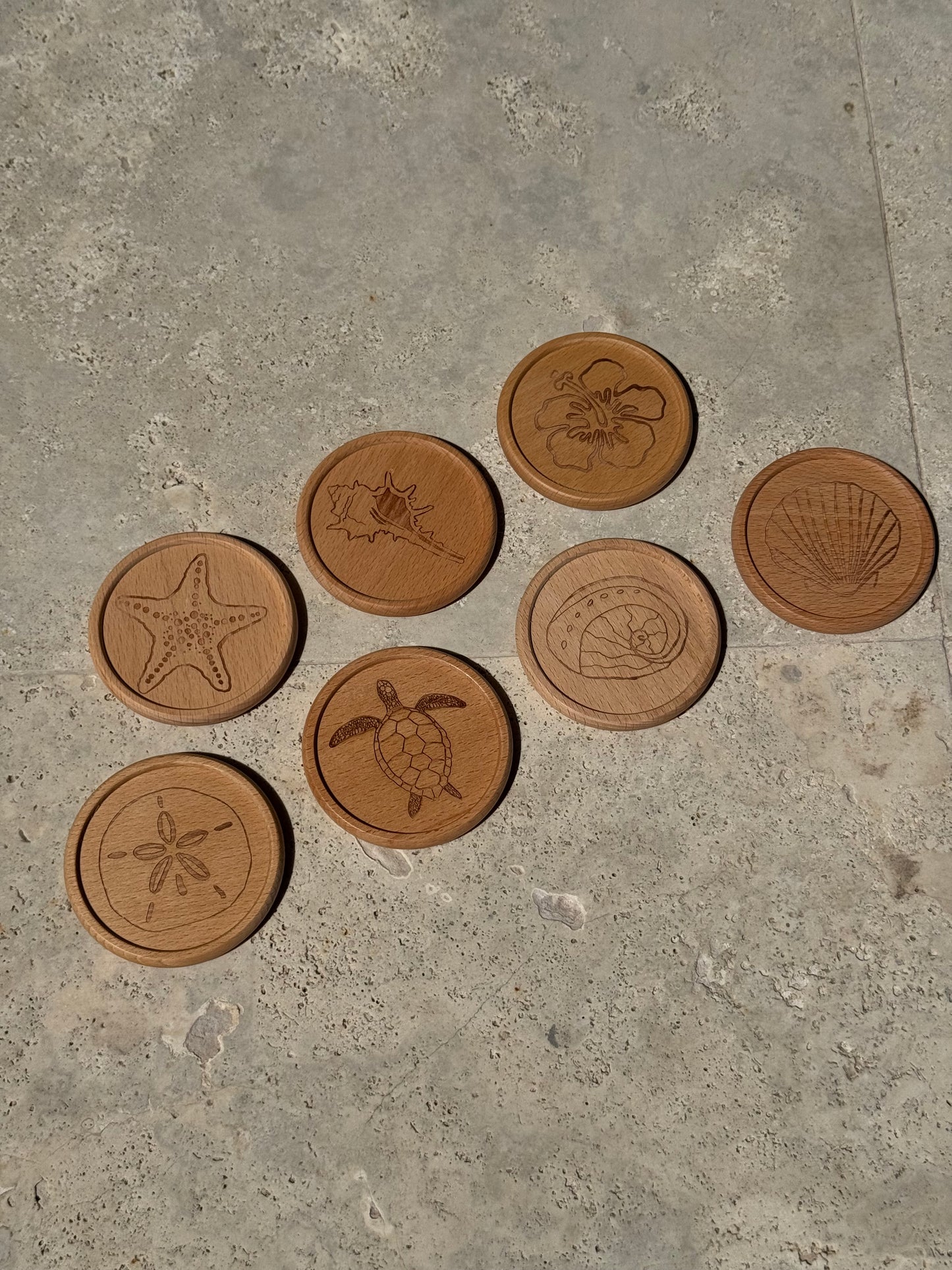 Round Wooden Engraved Coastal Coasters