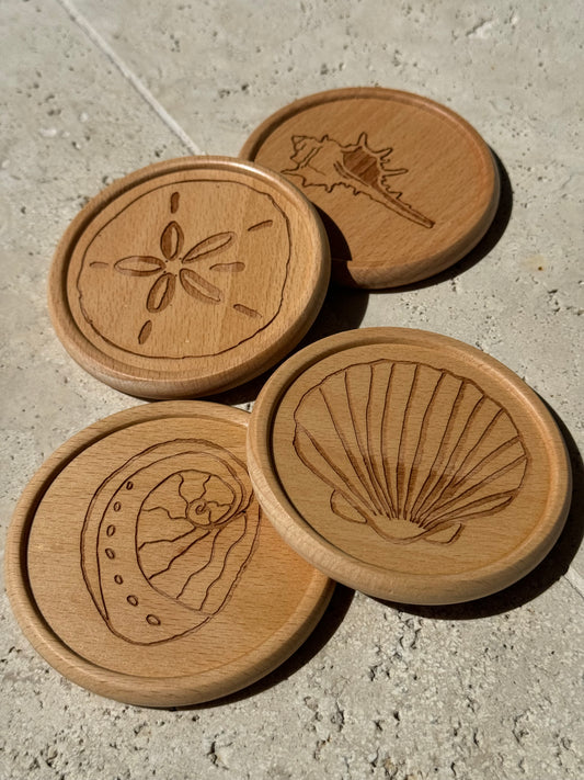 Round Wooden Engraved Coastal Coasters