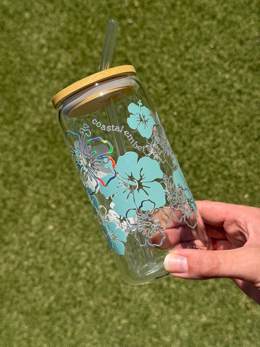 Blue & Silver Hibiscus Glass Tumbler