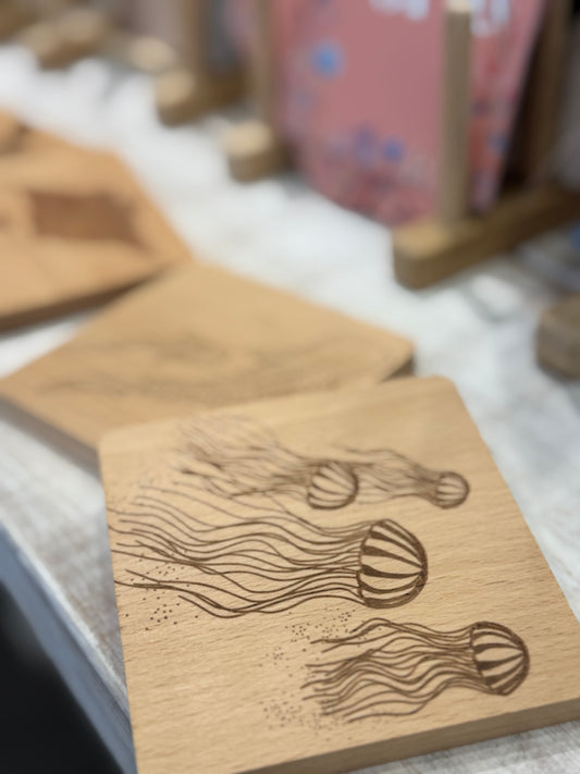 Square Engraved Beach Wood Coasters