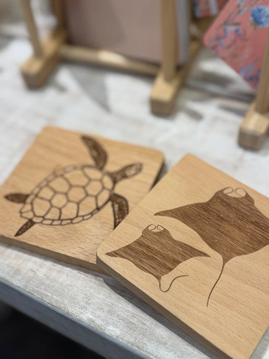 Square Engraved Beach Wood Coasters